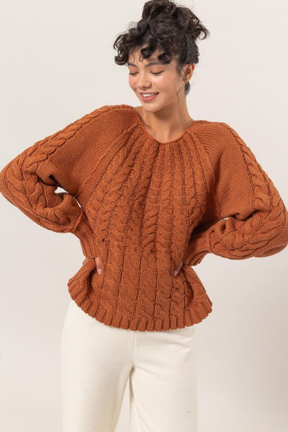 HYFVE Cable-Knit Round Neck Raglan Sleeve Sweater - Tigbul's Variety Fashion Shop