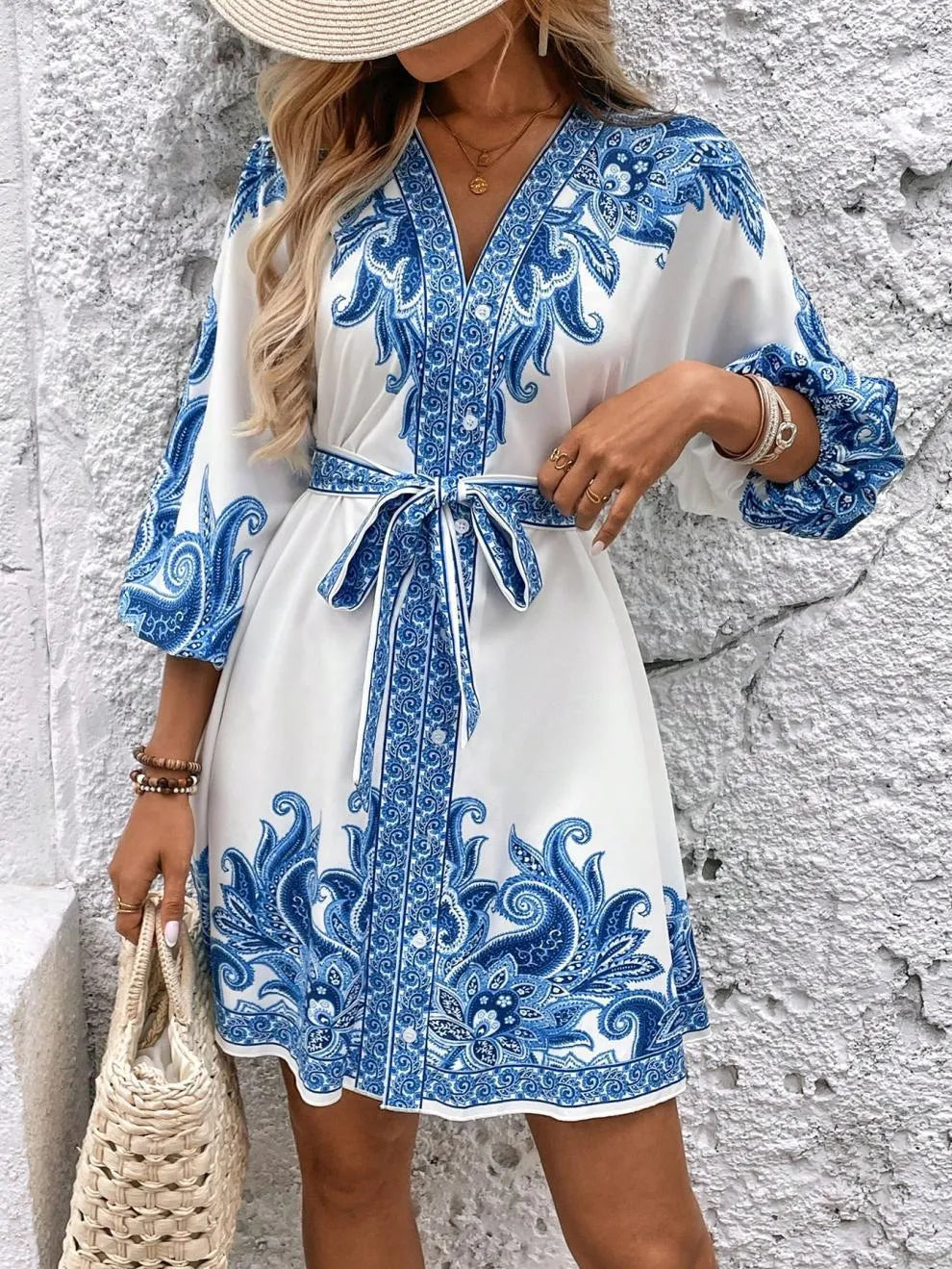 Paisley V-Neck 3/4 Sleeve Mini Dress - Tigbul's Variety Fashion Shop