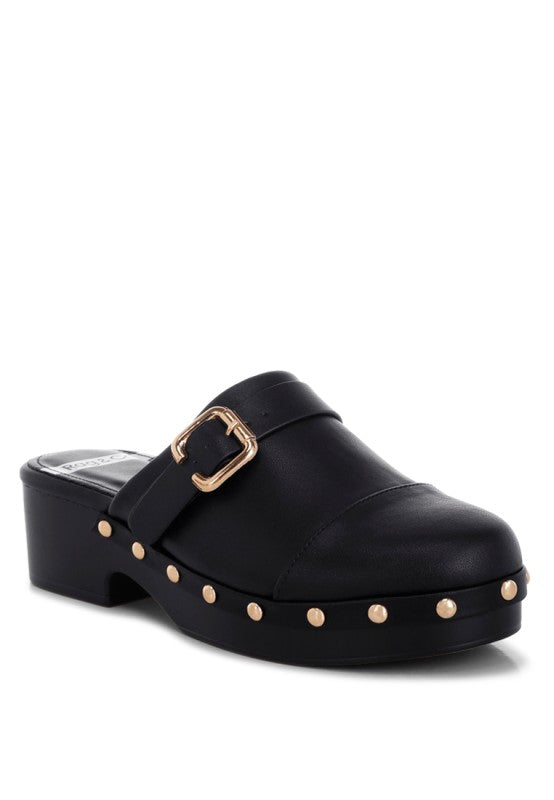 Black studded genuine leather clog with wide buckle strap and chunky block heel
