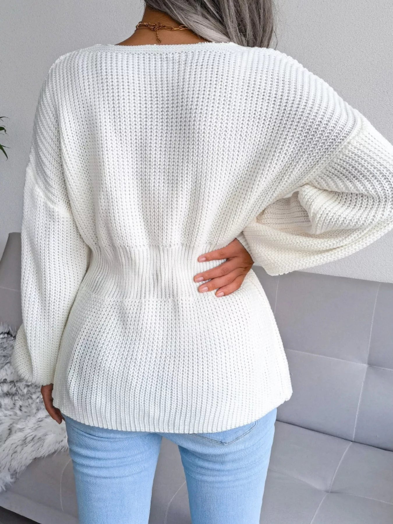 V-Neck Dropped Shoulder Sweater - Tigbul's Variety Fashion Shop