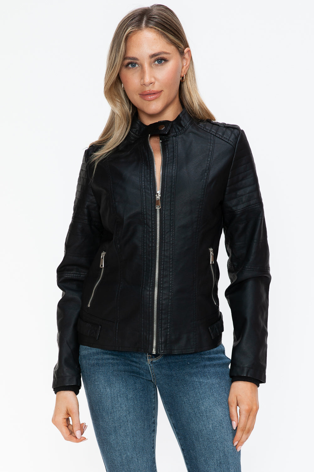 Black PU Leather Biker Jacket with Side Zip Pockets