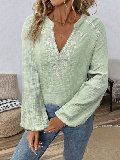 Paisley Pattern Notched Long Sleeve Blouse - Tigbul's Variety Fashion Shop