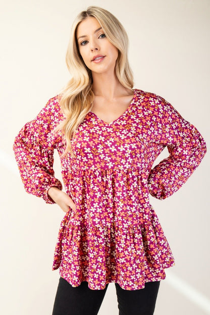 Celeste Full Size Floral V-Neck Balloon Sleeve Blouse - Tigbul's Variety Fashion Shop