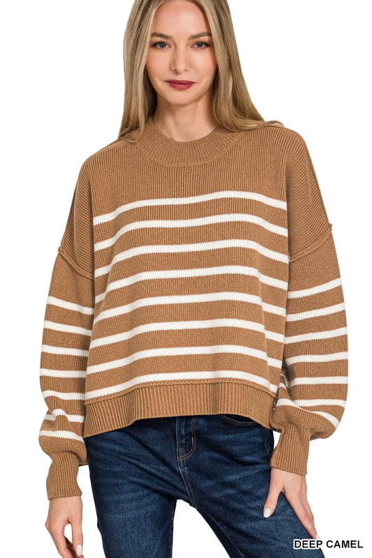 Zenana Exposed Seam Striped Oversized Sweater - Tigbul's Variety Fashion Shop