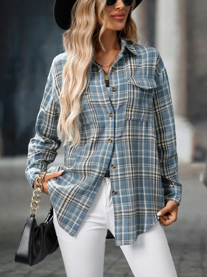 Oversized Plaid Button-Up Shirt - Tigbul's Variety Fashion Shop