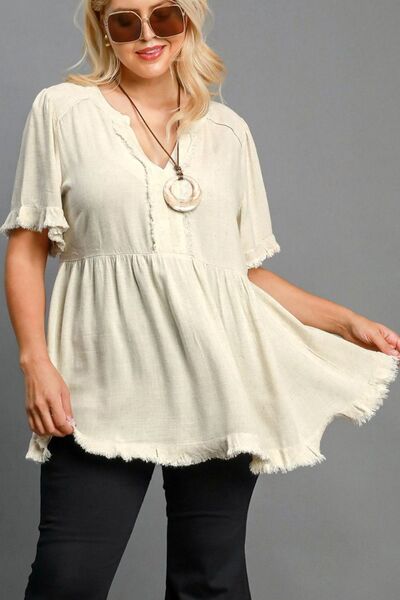Beige Raw Hem Notched Babydoll Linen Blouse - Tigbul's Variety Fashion Shop