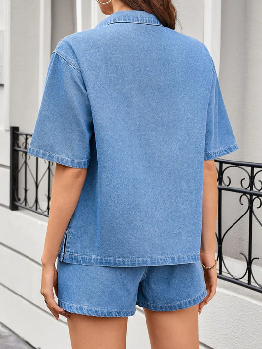 Casual Drop Shoulder Denim Shirt & Shorts Set - Tigbul's Variety Fashion Shop