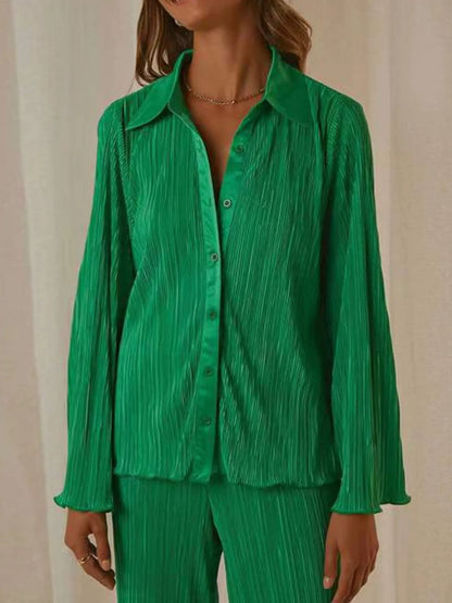 Button Up Long Sleeve Top and Pants Set - Tigbul's Variety Fashion Shop