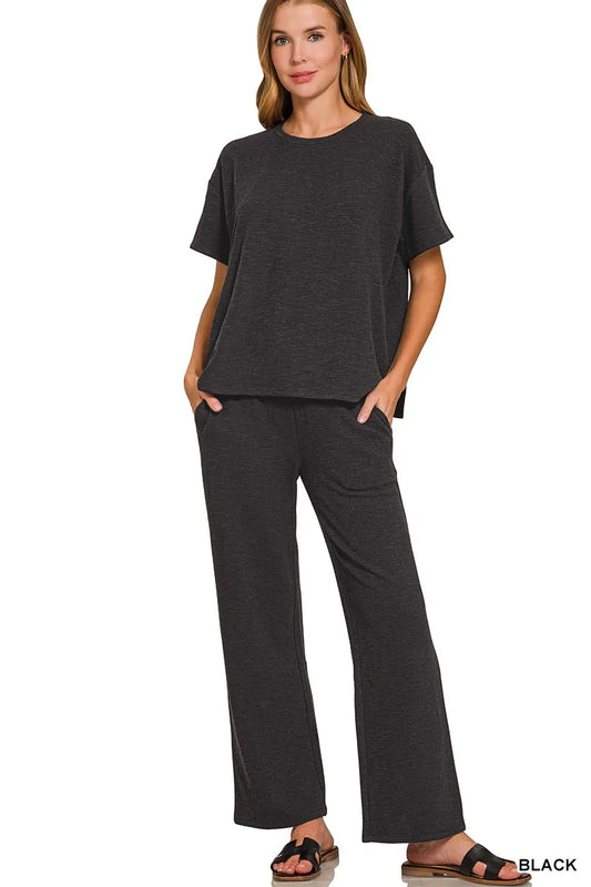 Zenana Slub Short Sleeve T-Shirt and Pants Set - Tigbul's Variety Fashion Shop