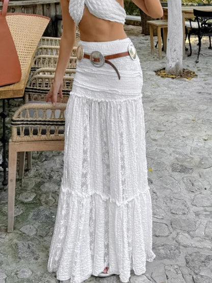 Women's White Lace Tiered Maxi Skirt - Tigbul's Variety Fashion Shop