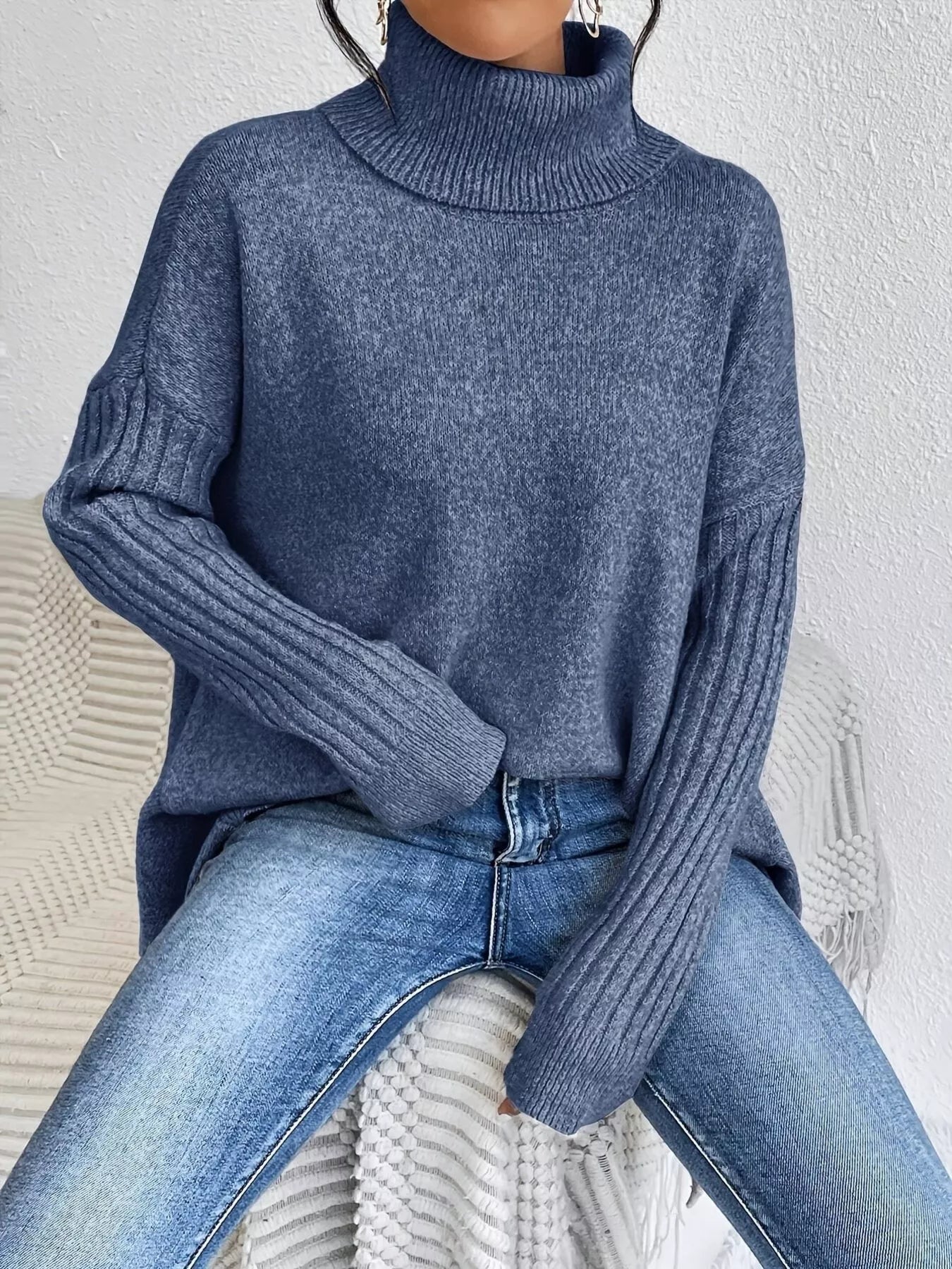 Turtleneck Dropped Shoulder Sweater - Tigbul's Variety Fashion Shop