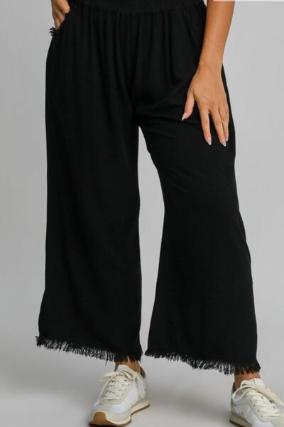 Black Linen Blend Elastic Waistband Wide Leg Pants - Tigbul's Variety Fashion Shop