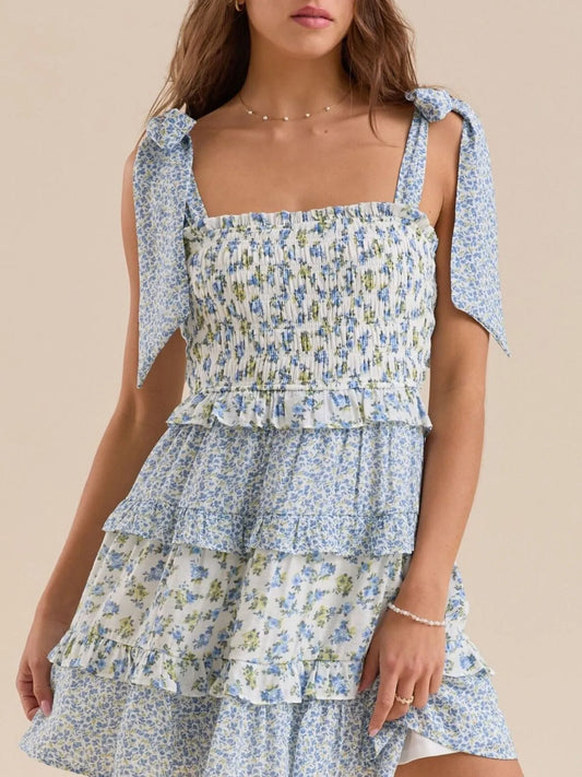 Floral Smocked Tie-Shoulder Summer Dress - Tigbul's Variety Fashion Shop