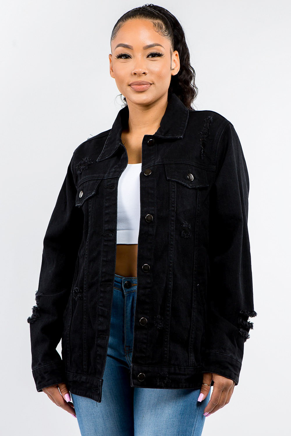 American Bazi Full Size Button Up Distressed Denim Jacket - Tigbul's Variety Fashion Shop