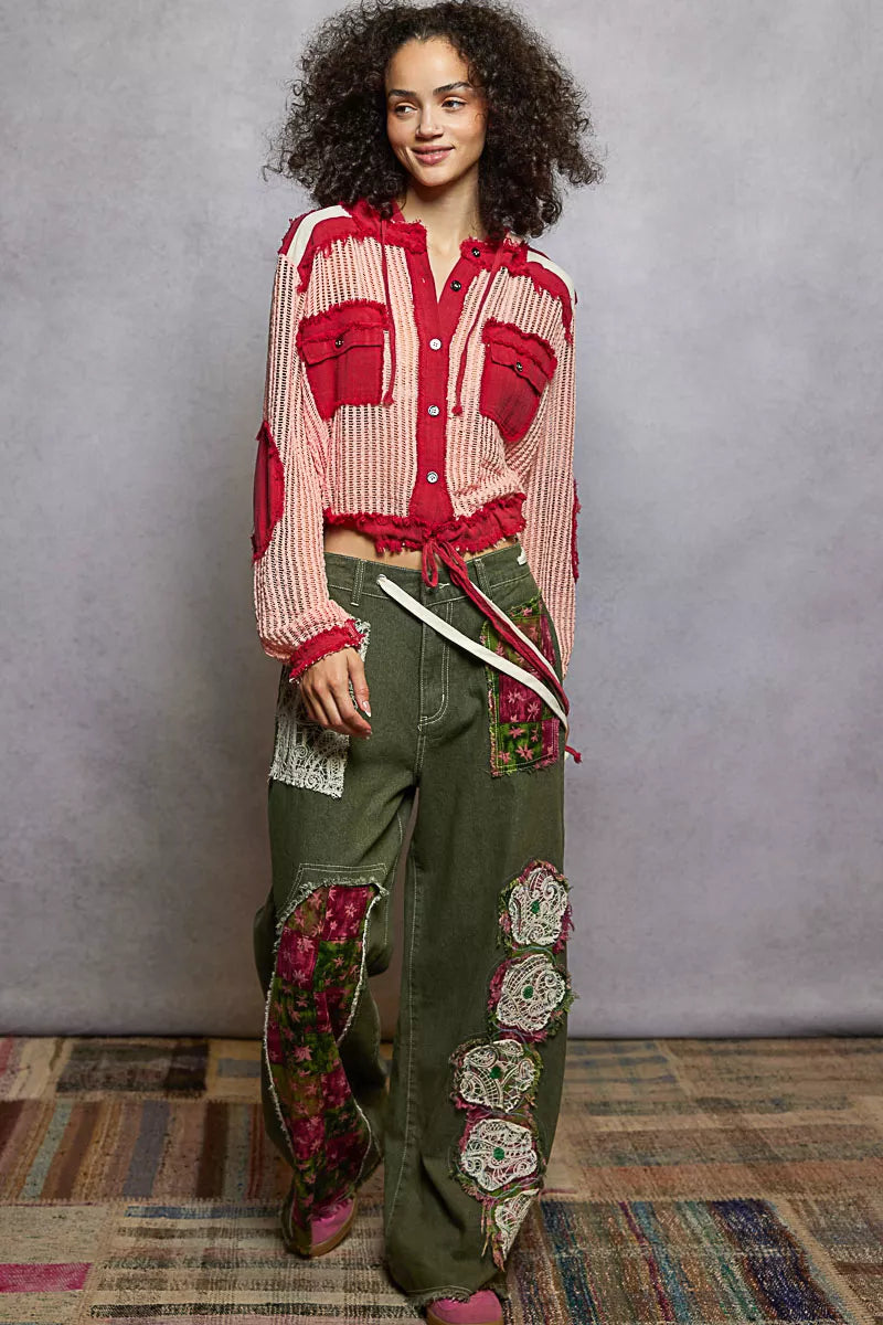 POL Texture Woven Button Down Hooded Shirt with Drawstring Hem - Tigbul's Variety Fashion Shop