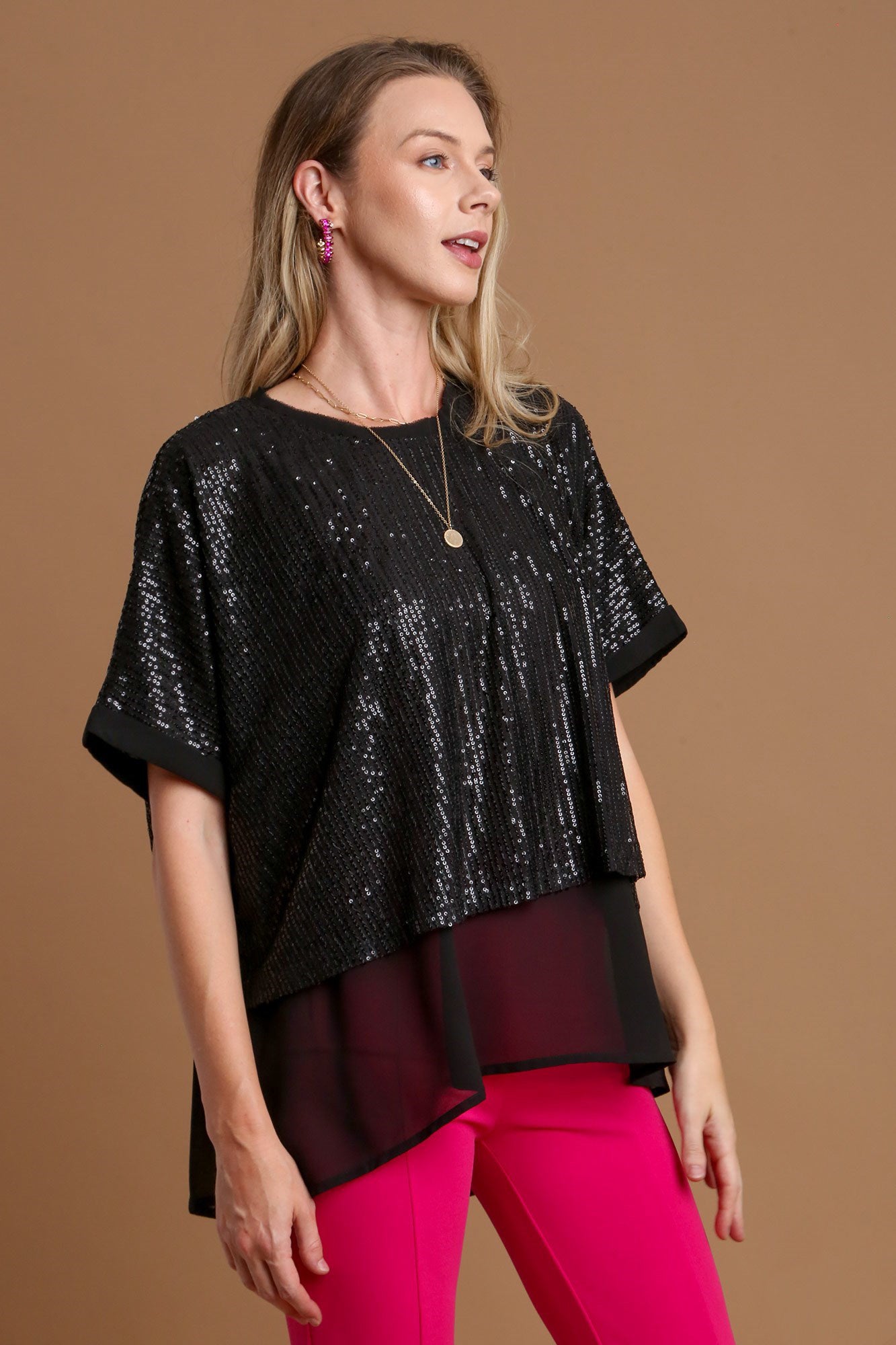 Umgee Sequin Half Sleeve Layered Blouse - Tigbul's Variety Fashion Shop