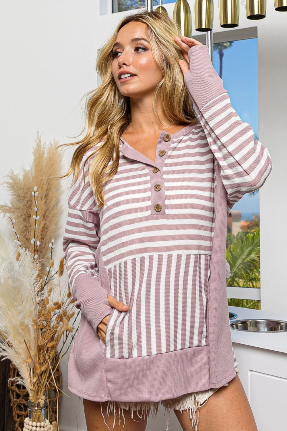 BiBi Striped Thumbhole Long Sleeve Top - Tigbul's Variety Fashion Shop