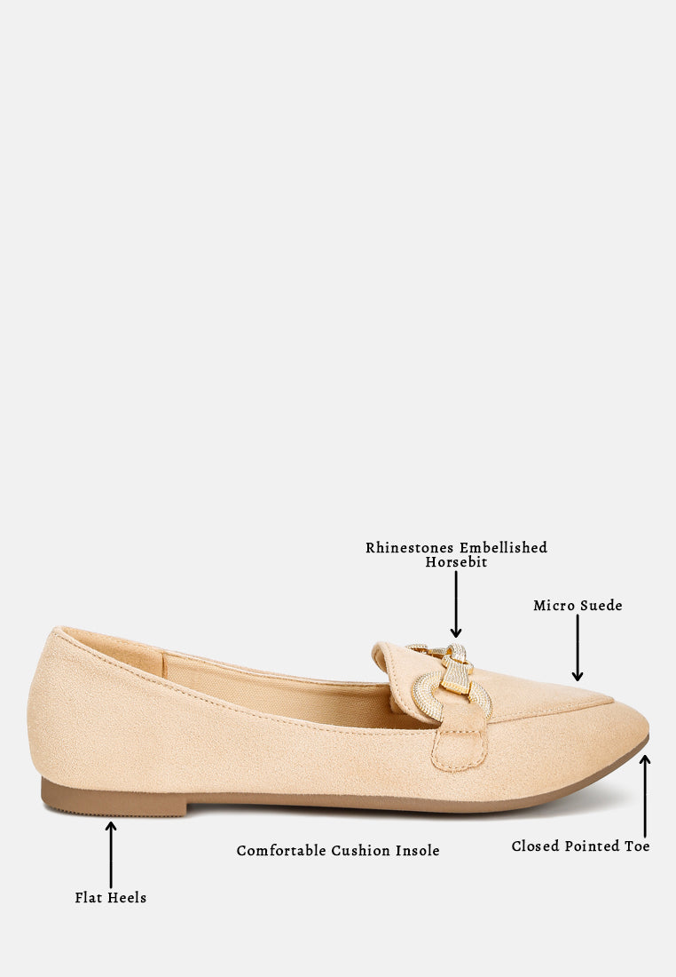 Beige horsebit loafers with rhinestone detail and cushioned insole, flat