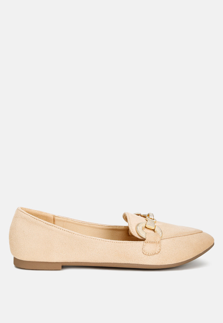 Beige microfiber loafer with horsebit detail and pointed closed toe, flat heel