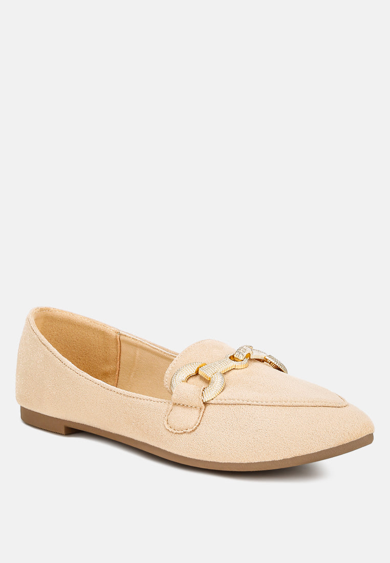 Beige pointed loafer with rhinestone horsebit accent and slip-on design