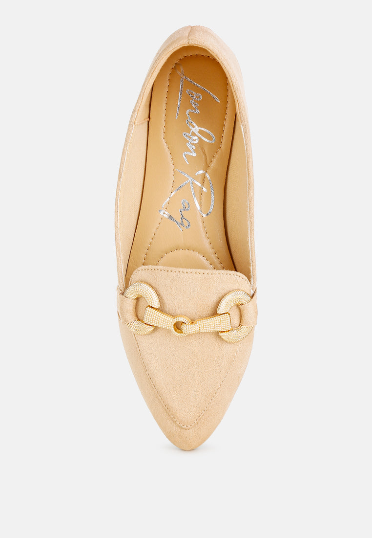 Beige loafer interior view with rhinestone horsebit and lace-like strap