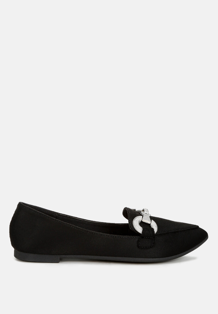 Black microfiber loafer with horsebit accent and pointed closed toe, flat heel