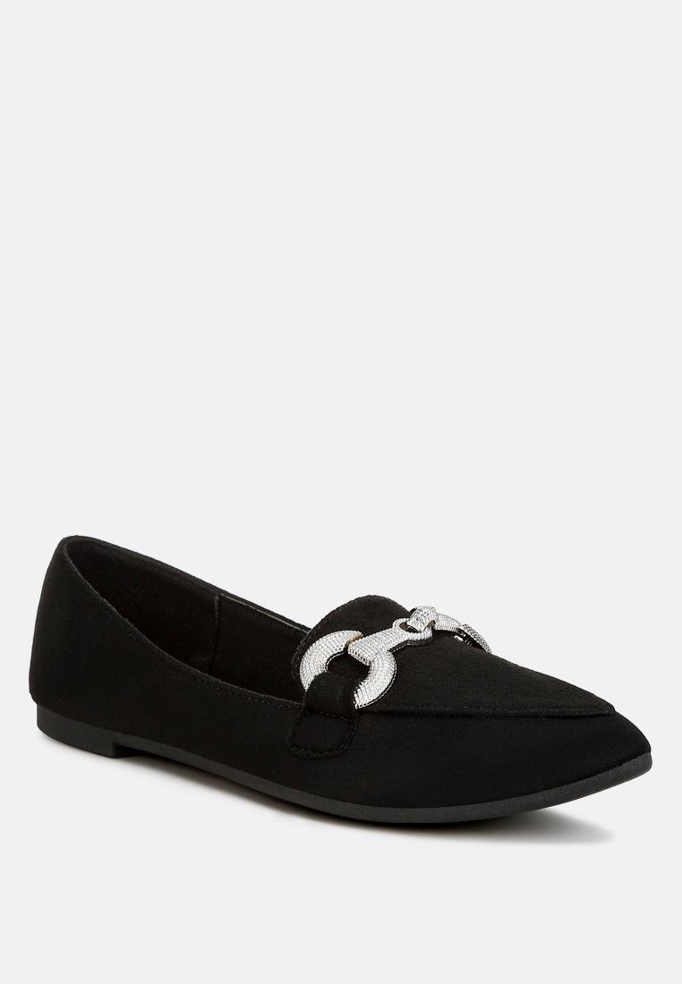 Black pointed-toe flat loafer with rhinestone horsebit strap detail