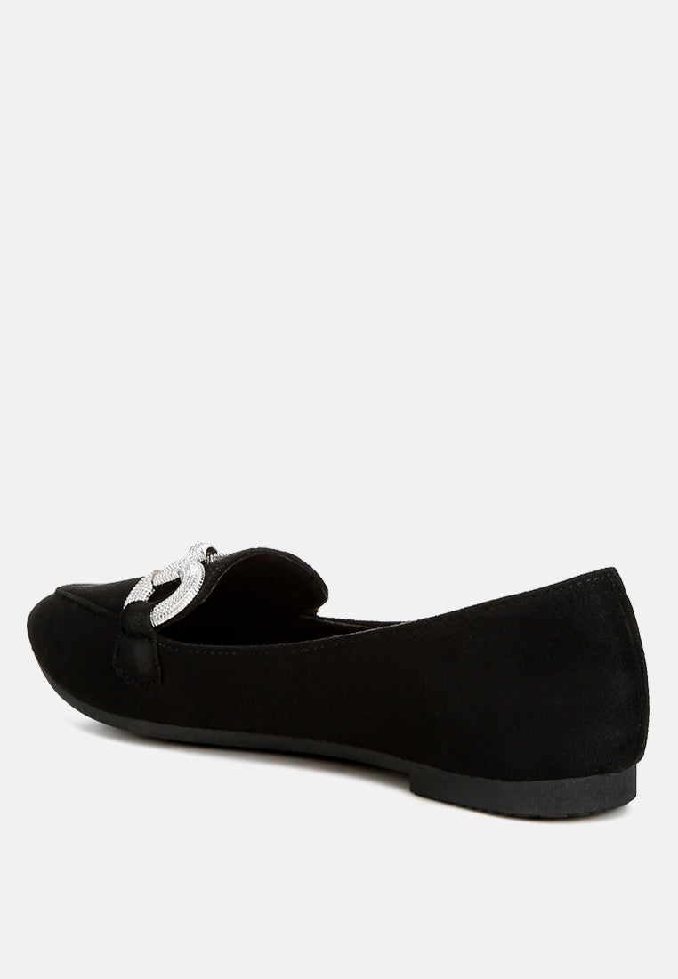 Black rear view flat loafer with horsebit detail and slip-on pointed toe