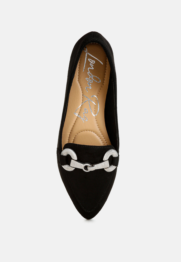 Black slip-on loafer with horsebit detail and decorative strap at vamp