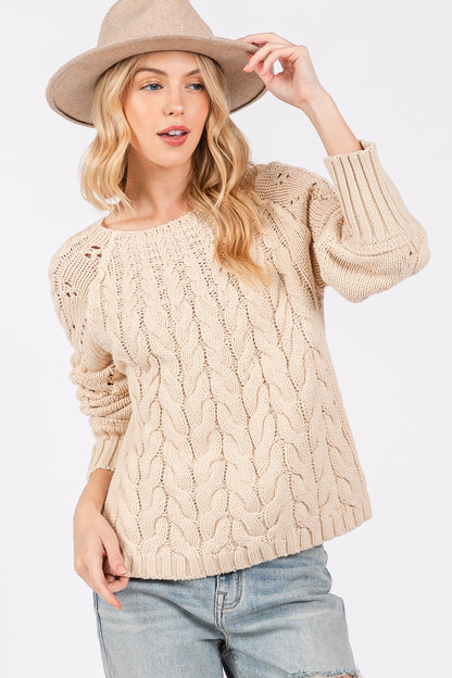 Beige Cable-Knit Long Sleeve Sweater - Tigbul's Variety Fashion Shop