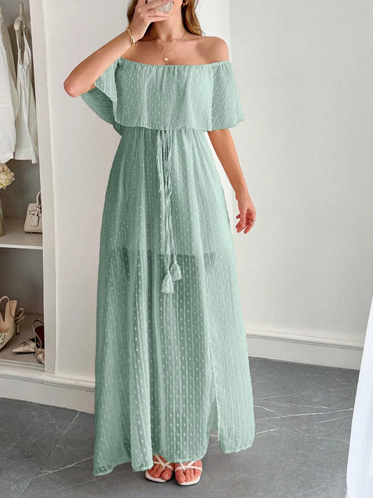 Swiss Dot Off Shoulder Maxi Dress - Tigbul's Variety Fashion Shop