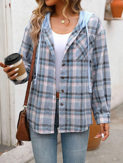 Hooded Plaid Button-Up Shirt - Tigbul's Variety Fashion Shop
