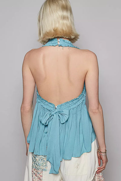 POL Backless Halter Sleeveless Top with Smocking Shirring Detail - Tigbul's Variety Fashion Shop