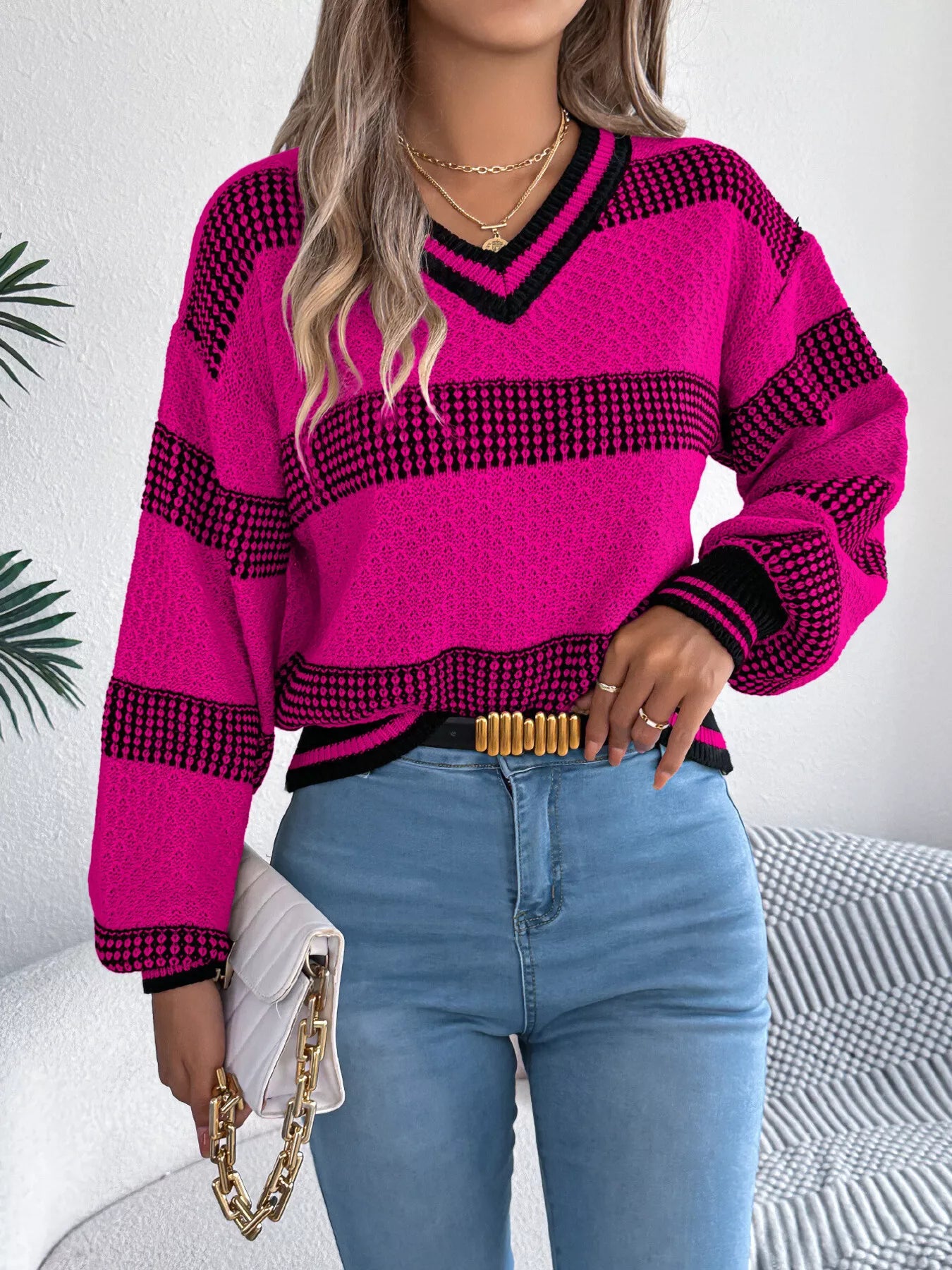 Contrast Striped V-Neck Sweater - Tigbul's Variety Fashion Shop