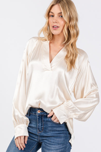 SAGE + FIG Notched Long Sleeve Blouse - Tigbul's Variety Fashion Shop