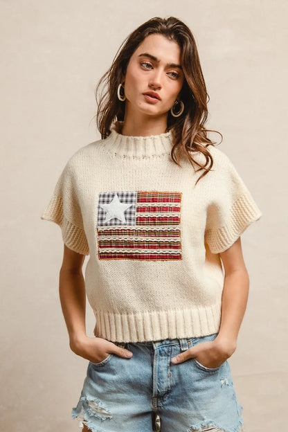 BiBi American Flag Patchwork Drop Shoulder Sweater - Tigbul's Variety Fashion Shop