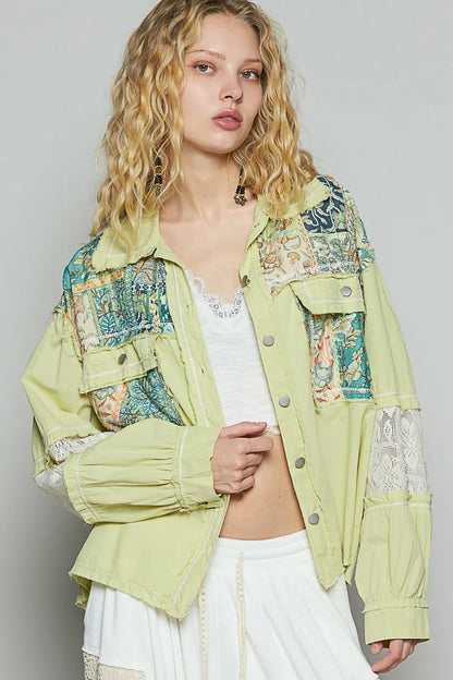 POL Printed Woven Mix Raw Hem Jacket with Lace Detail - Tigbul's Variety Fashion Shop