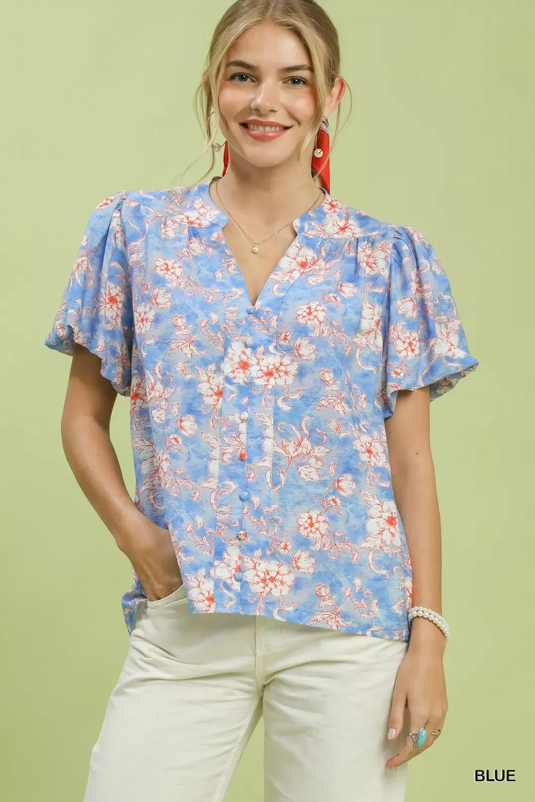 Blue floral button-front short-sleeve shirt with V-neck and flutter sleeves