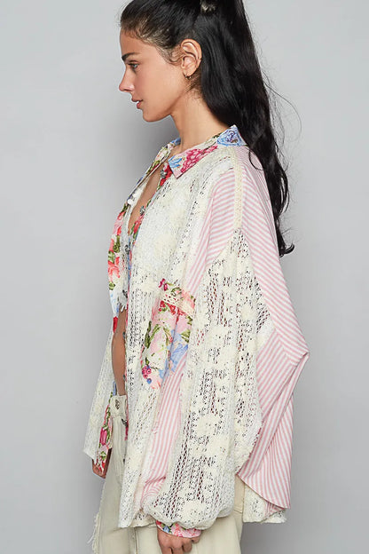 POL Lace Long Sleeve Shirt with Floral and Striped Pattern - Tigbul's Variety Fashion Shop