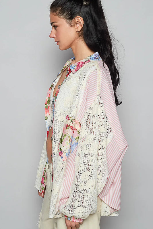 POL Lace Long Sleeve Shirt with Floral and Striped Pattern - Tigbul's Variety Fashion Shop