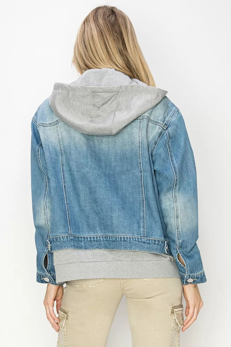 Oversized denim hoodie jacket back view, hooded collar and curved hem