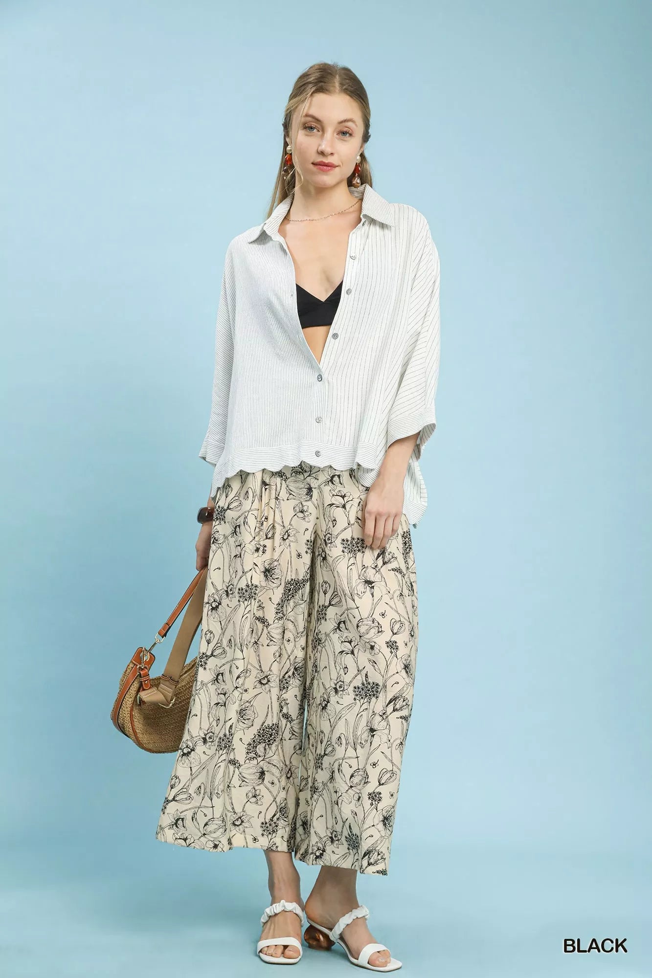 Umgee Two Tone Floral Print Pants - Tigbul's Variety Fashion Shop