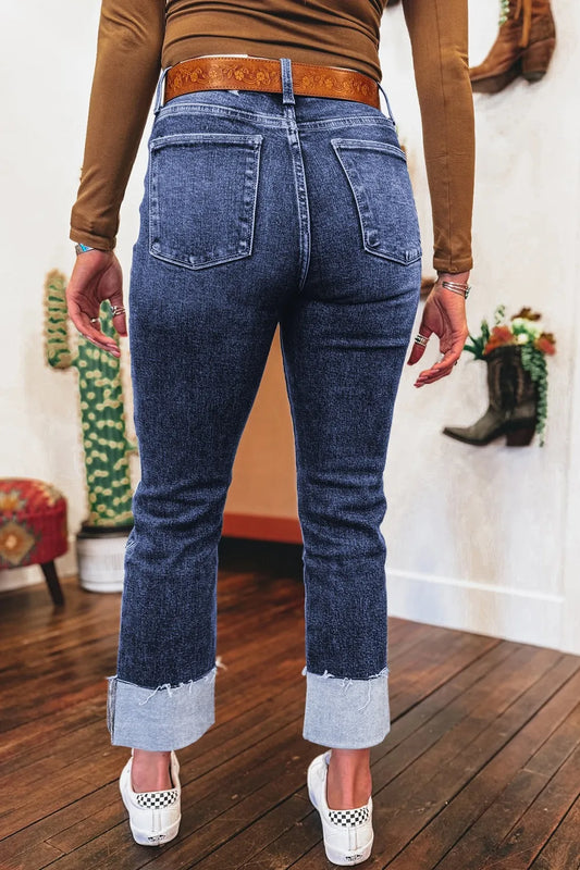 Folded Cuffs Distressed Straight High Waist Jeans - Tigbul's Variety Fashion Shop