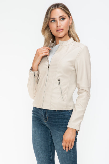 PU Leather Zip Up Jacket with Pockets in Sand Color