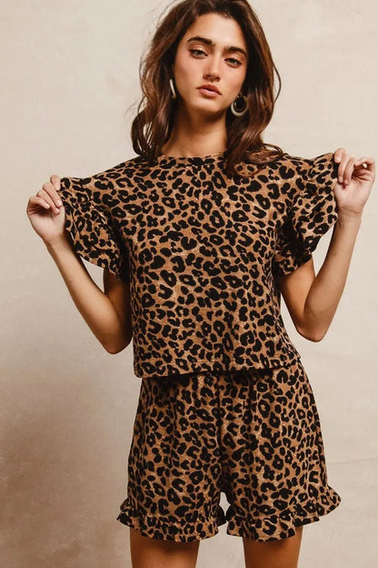 BiBi Leopard Print Waffle Texture Layered Ruffle Sleeve Top and Shorts Set - Tigbul's Variety Fashion Shop