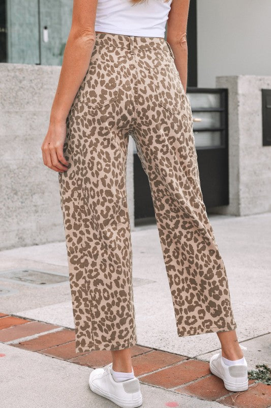 Khaki leopard straight jeans, cropped ankle length, front button detail