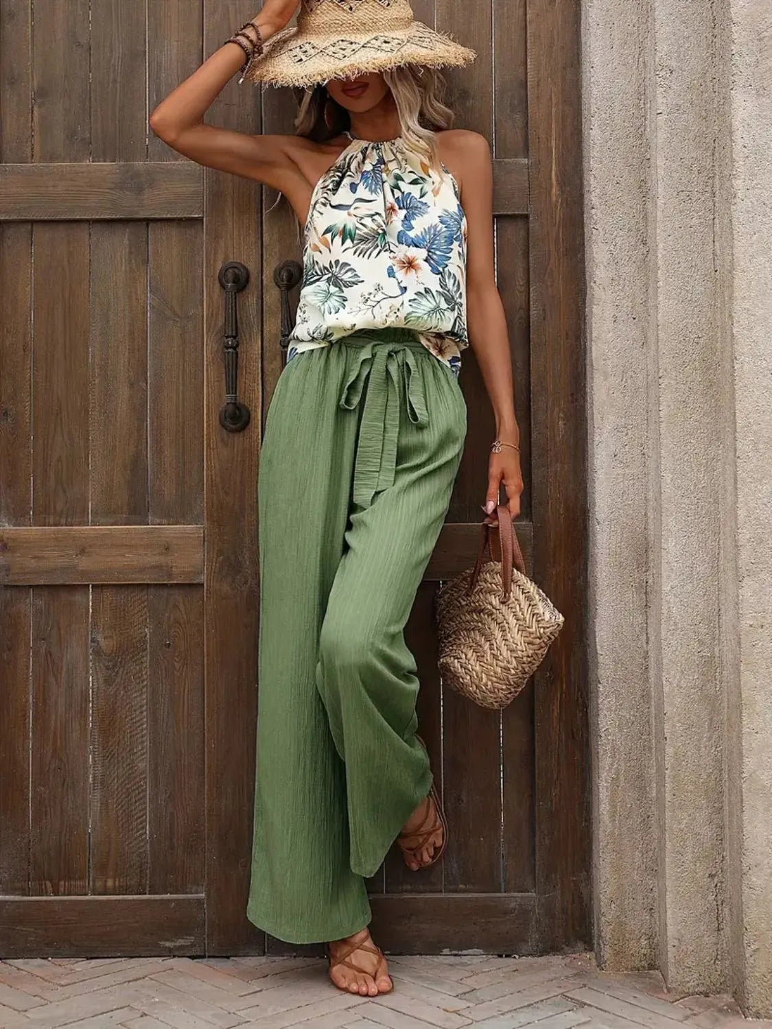 Printed Tank Top and Wide Leg Pants Set - Tigbul's Variety Fashion Shop