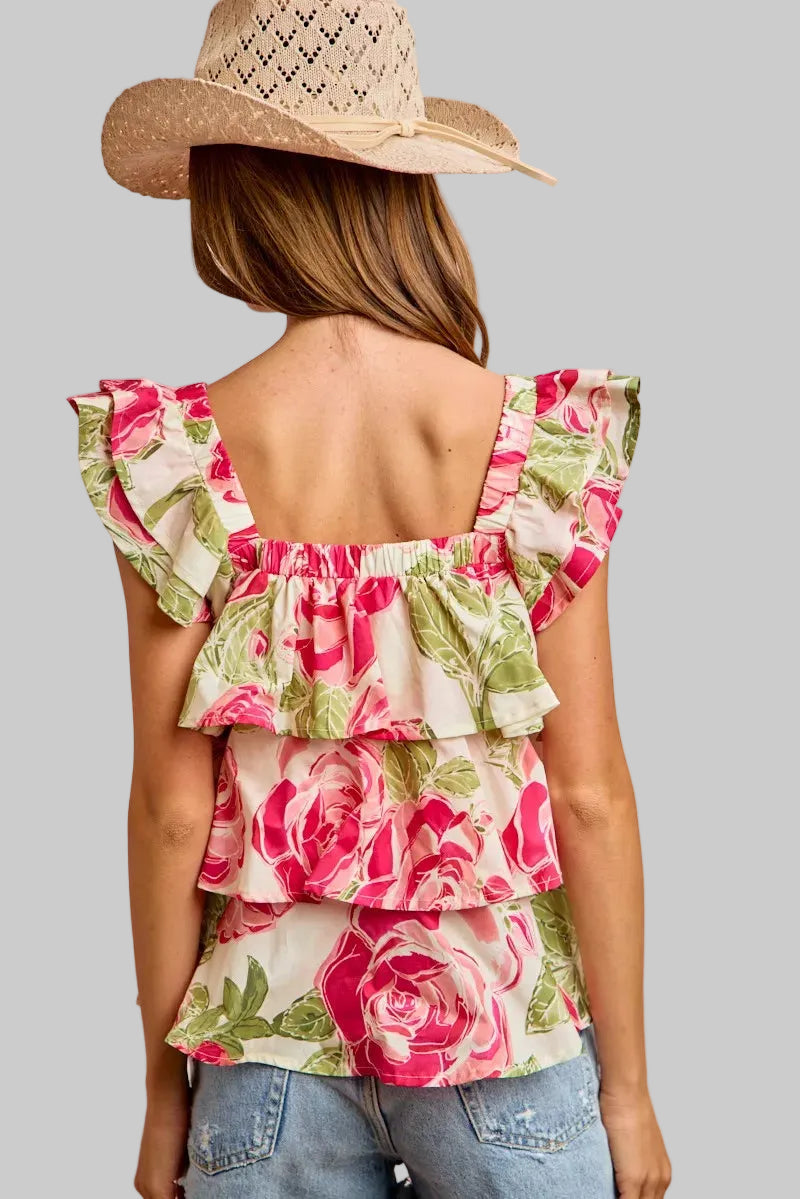 Pink Floral Print Woven Bow Tie Ruffle Square Neck Top | Tigbuls