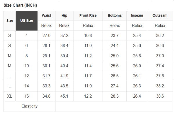 Size chart (inch) for jeans: waist, hip, front rise, bottoms, inseam, outseam