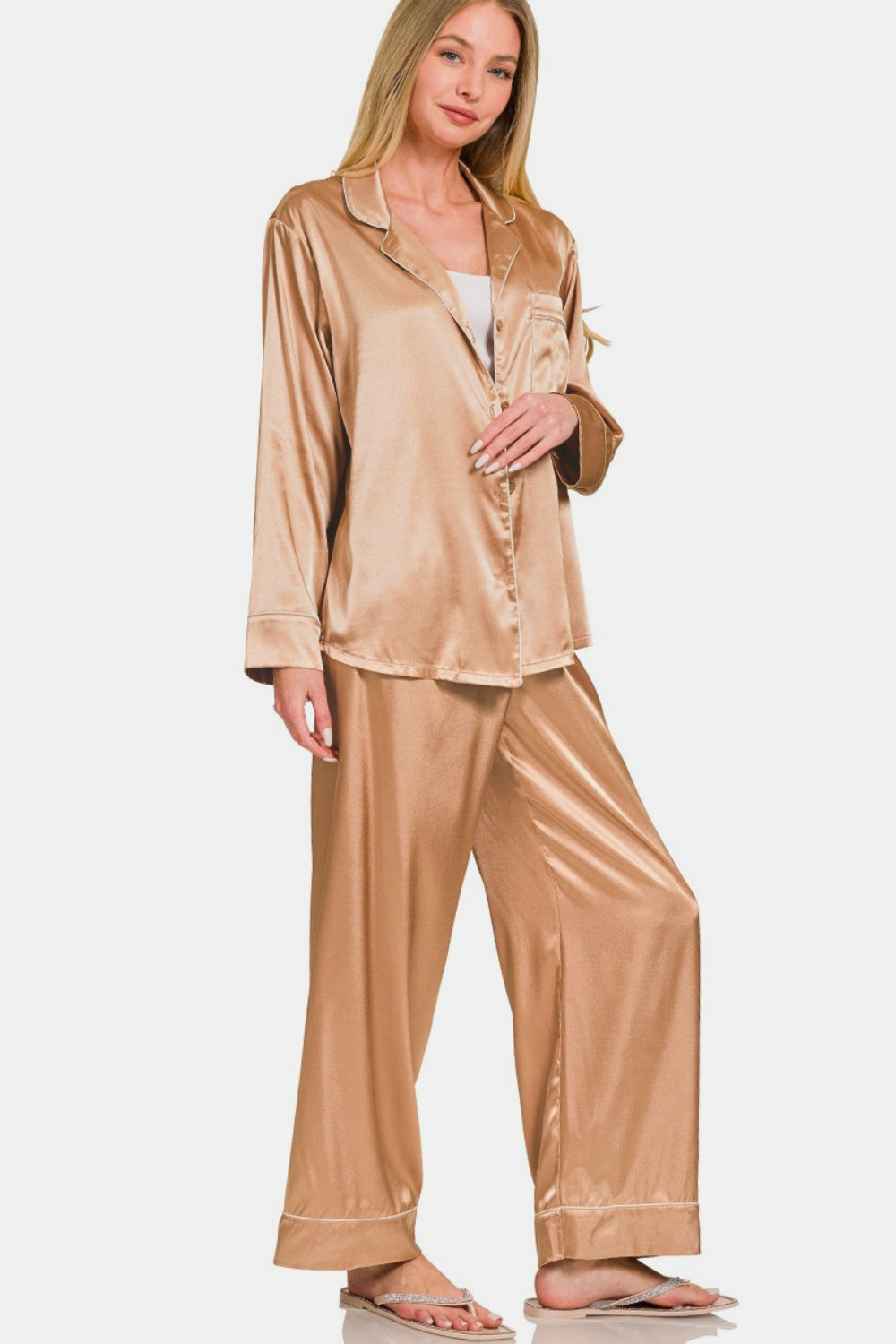 Zenana Satin Long Sleeve Shirt and Pants Pajama Set - Tigbul's Variety Fashion Shop